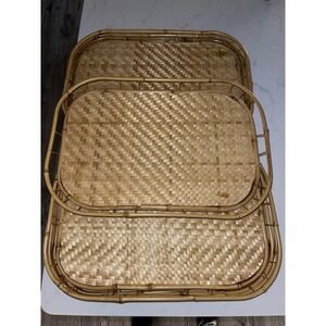 Vintage‎ Mid Century Wicker Rattan Bamboo Serving Trays Tiki Lap Stacking- 8